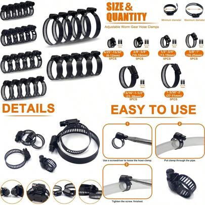 ISPINNER 30pcs Black Hose Clamps 6-51mm 1/4-2 Adjustable Range 304 Stainless Steel Worm Gear Hose Clamps 6 Sizes Assortment Kit For Plumbing Automotive Mechanical Applications (Black)