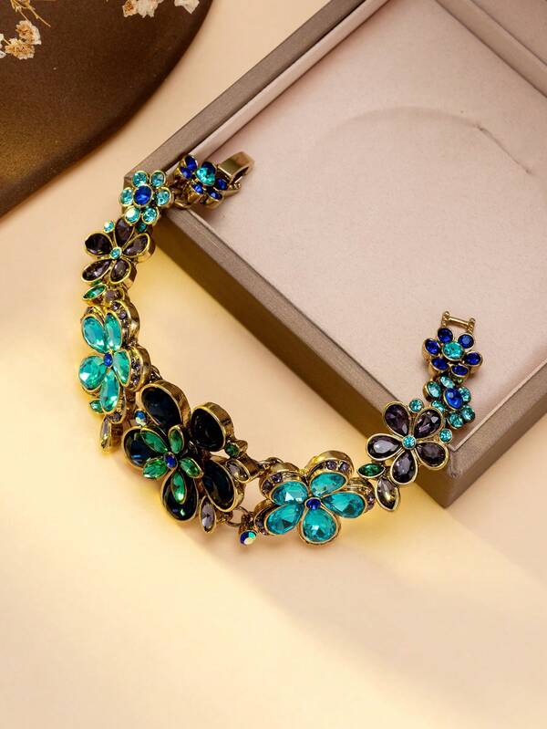 1pc Vintage Gold-Tone Colorful Gemstone Flower Shaped Bracelet, Suitable For Retro-Themed Parties, Boho Spring/Summer Outfits, Everyday Accessory With Vintage Dresses