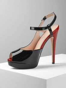 Women's Fashion Peep Toe Platform Heels Slingback Pumps Sexy High Heel Sandals Stilettos For Party Wedding Prom - Black Red - View 4