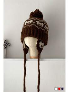 Fair Isle Knit Beanie Hat, Women's Winter Ear Warmer Ski Cap, Versatile Balaclava, Autumn/Winter Warm Knit Trapper Hat With Pom Pom, Retro Style