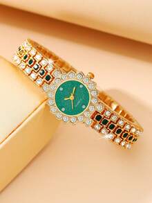 1 Set Reloj de mujer con gemas con incrustaciones de rhinestone, reloj de cuarzo + collar + aretes + pulsera + anillo Set con correa ajustable, tono dorado vintage, reloj de cuarzo de mujer con gemas, perfecto para fiestas, vacaciones, atuendos de cumpleaños o como el mejor regalo para tu mejor amiga - Dorado - Ver 4