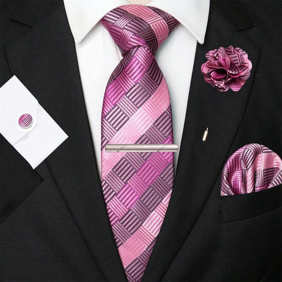 1/2/3/5 Stücke Herren Rosa gestreifte karierte Krawatte, Einstecktuch, Silber Krawattennadel, Manschettenknöpfe und Anstecknadel Kombinations-Set, geeignet für Arbeitsplatz, Geschäft, Meetings, Hochzeiten, Abschlussfeierlichkeiten und andere Anlässe, tolles Geschenk für Herren Geburtstag, Thanksgiving, Weihnachten, Neujahr