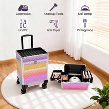 Professional Rolling Salon Makeup Train Case With Drawers, Large Cosmetic Trolley With Locks, Cosmetics Storage Organizer Make Up Case For Salon, Travel Makeup/Nail Art/Hair Styling, Gradual Purple - Gradient Purple - View 6
