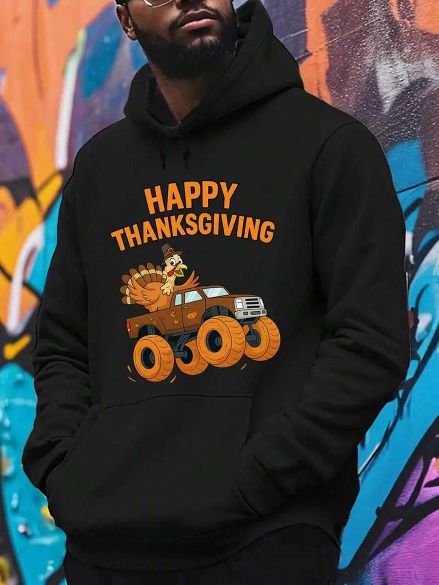 Men'S Happy Thanksgiving Turkey Truck Hooded Sweatshirt - Cozy Fleece Pullover With Playful Turkey & Truck Design, Casual Winter Warmth,Fall Hoodies,Men's Fall Clothes,Street Wear,Halloween,Mens Hoodies,Y2k Clothes,Jesus Hoodie,Thanksgiving Day,Nightmare Before Christmas,Christmas - Black - View 1