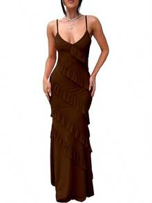 Women's Backless Bodycon Spaghetti Strap Elegant Ruffle Maxi Cocktail Party Dresses, 2025 QMO3 - Coffee - View 1