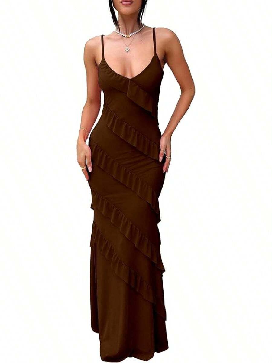 Women's Backless Bodycon Spaghetti Strap Elegant Ruffle Maxi Cocktail Party Dresses, 2025 QMO3 - Coffee - View 1