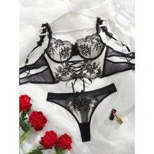 Elegant 2-Piece Set Of Lace Transparent Embroidered Bra And Underwear Women's Set - Sexy Waist Design, Perspective Polyester Blend, Give You A Different Experience - 黑色 - 查看 3