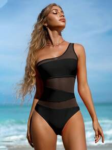 Traje de baño de una pieza con un hombro, sin mangas, de malla sólida y parches sexy para mujer, para vacaciones en la playa