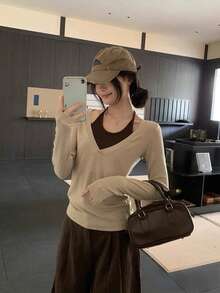 新款韩版露背假分体长袖T恤，绝佳打底衫，女士春季针织T恤 - 咖啡棕 - 查看 3