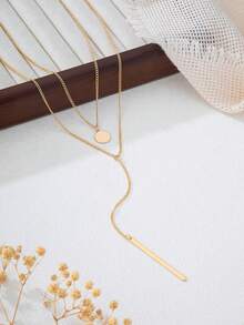 女士个性化圆形吊坠简约链条时尚 Y 形长项链 - 无礼盒 - 金黃色 - 查看 4