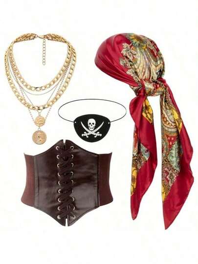 Set de 4 piezas Disfraz de Pirata para Adultos, que incluye Collar de Pirata, Pañuelo para la Cabeza, Cinturón y Parche para el Ojo - Conjunto completo con Collar de Pirata con Acentos Dorados y Logotipo "Jolly Roger" - Tela Duradera, Adecuado para Halloween, Fiestas Temáticas, Ferias del Renacimiento y Bailes de Máscaras - Fácil de Ensamblar y Cómodo de Usar - Sin Electricidad Requerida - Perfecto para Fiestas Temáticas, Pequeños Bailes y Actuaciones Escolares