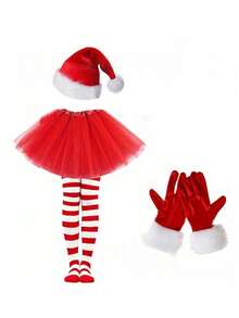 4 件套女士圣诞服装套装 - 圣诞帽、手套、条纹袜、红色薄纱裙、圣诞节假期角色扮演服装