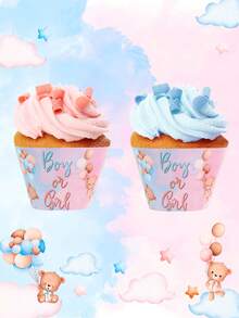 6 Stück Geschlechts-Enthüllungs-Cupcake-Förmchen mit kleinen Bären, Geschlechts-Enthüllungs-Cupcake-Dekorationen, Baby-Dusch-Party-Dekoration, Geschlechts-Enthüllungs-Party-Zubehör, 1. Geburtstags-Party-Dekorations-Zubehör, Baby-Party-Gastgeschenke, Erste-Geburtstags-Party-Dekoration, Dessert-Tisch-Dekoration