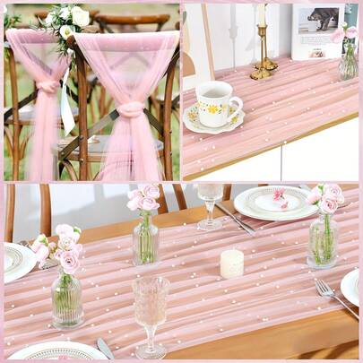 1pc Elegant Light Pink Table Runner, Made Of Sheer Organza Fabric With Lace Trim - Rectangular For Wedding, Bridal Shower, Birthday, Easter, Valentine's Day Decor - Soft Pastel Pink Dining Table Decoration, Suitable For Dessert Tables, Arch Decor - Easy To Clean Fabric - Boho Rustic Lace Design, Delicate Pink Tone - Perfect For Christmas, Kitchen And Dining Room - Durable And Versatile Table Decoration, Wedding Reception Decor