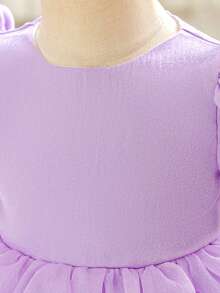 女婴圆领星形网纱后背蝴蝶结可爱花童礼服，适合一周岁生日派对、婚礼、外出等场合，不含头饰 - 淡紫色 - 查看 6