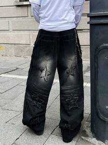 Infinite Jeans 1pc Streetwear Celana Panjang Pria Patchwork Bordir Kaki Lebar Longgar Nyaman Serbaguna Sepanjang Musim Celana Panjang Denim High Street (Produk Tidak Termasuk Sabuk Dan Aksesoris) - Hitam - View 6