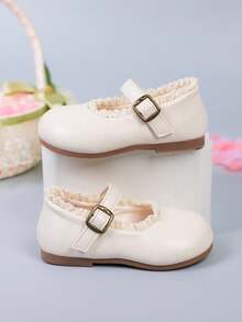 1双女童休闲蕾丝装饰平底鞋，舒适时尚的日常穿脱鞋 - 米色 - 查看 5