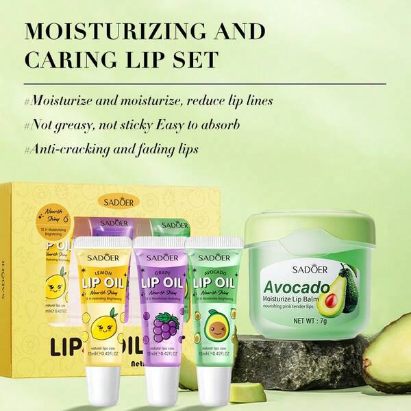 Conjunto de Óleo Labial Hidratante e Brilhante + Bálsamo Labial Hidratante de Abacate, Reduz Linhas Labiais, Hidratante e Reparador, Ilumina a Cor dos Lábios, Adequado para Outono e Inverno