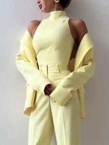 女士纯色浅黄色优雅通勤修身立领无袖上衣，适合音乐节、演唱会、年轻女孩日常穿着、海滩度假、摄影、圣诞节、情人节和其他节日。 - 黃色 - 查看 4