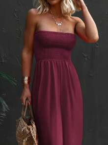Womens Strapless Smocked Wide Leg Jumpsuit Sleeveless Casual Summer Chiffon Romper With Pockets - 酒紅色 - 查看 4