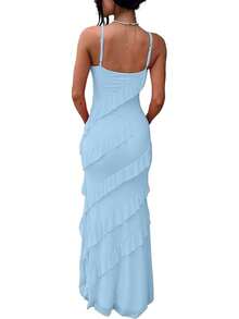 Vestido de cóctel elegante de mujer con tirantes finos, espalda descubierta, volantes y silueta ajustada, 2025 QMO3 - Azul - Ver 4