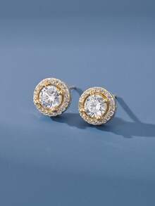 1 对复古 S925 纯银闪亮单颗锆石简约耳钉，高品质女士生日礼物，全新设计 - 圓形-1 - 查看 2