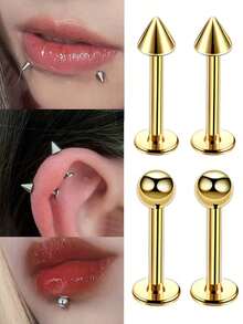 2 件套尖刺唇环蛇咬不锈钢耳钉软骨耳环耳洞身体首饰朋克风格 16G 1.2 毫米，防过敏不锈钢唇钉穿孔 18K 镀金 3 毫米球形软骨耳钉耳屏耳甲壳耳钉耳钉杠铃杆长度 6 毫米 8 毫米 10 毫米 12 毫米身体穿孔首饰男女皆宜，哥特式耳钉，耳屏穿孔