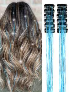 12件装闪亮发饰夹，20英寸闪光发饰接发片，夹式合成假发，发饰套装，耐热闪亮仙女发饰，适合女性和女孩日常佩戴、派对和万圣节，爪夹、发爪、发夹、发卡 - 彩色 - 查看 12