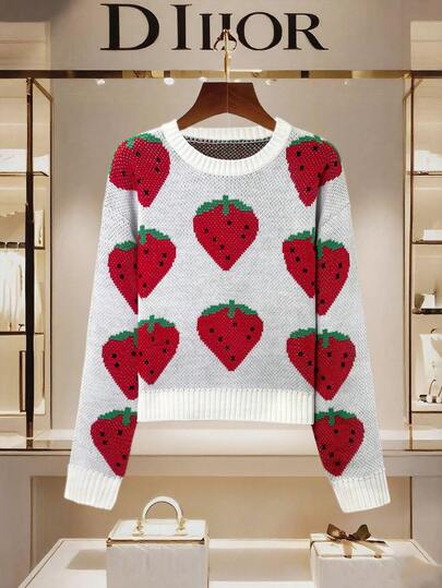 Women's Color-Block Top, Round-Neck Long-Sleeve Sweater, Strawberry Fruit Jacquard, Casual And Fashionable Streetwear, Suitable For All Seasons And Highly Popular, Women's Office Outfits, Women's Outwear For Outings,Christmas Sweater,Thanksgiving Outfit For Women.
