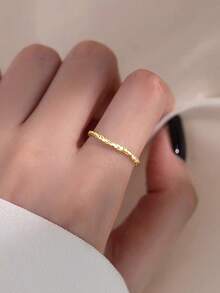 1 pieza Anillo abierto minimalista asimétrico con textura de plata de ley 925, joya ajustable como regalo para mujeres - Dorado - Ver 3