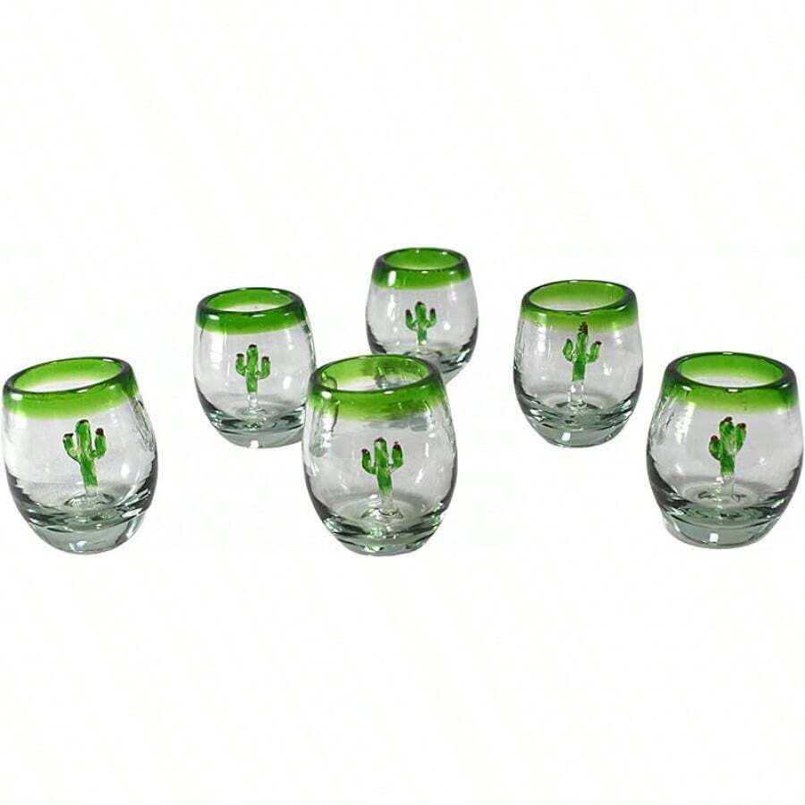 MAREY Vasos Mezcaleros Tequileros Vidrio Soplado Artesanal Hecho en Mexico| 2 Oz. Barril(Puesto Verde - Cactus, 2) - Posta Verde - Cactus - Ver 1