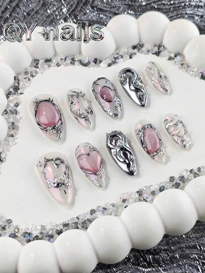 10 piezas/set Uñas artificiales de almendra de cobertura total hechas a mano, de longitud media, color rosa, estilo dulce y lindo, adecuadas para mujeres y niñas, se pueden usar como regalos, incluye 1 pieza de almohadilla de gel y 1 pieza de bolígrafo moldeador de uñas