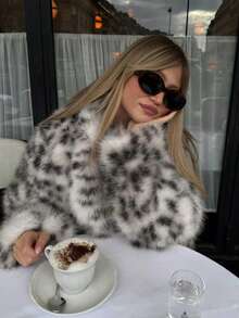 女式仿皮草豹纹大衣，优雅性感的高端外套，秋冬 - 淺灰色 - 查看 3