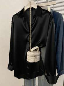 Áo sơ mi công sở bằng satin dành cho nữ, kiểu dáng cài khuy cổ ve áo, phù hợp cho các dịp chuyên nghiệp, thanh lịch cho văn phòng và ở nhà, áo tay dài cho mùa thu, đông và xuân, màu đen. - màu đen - Xem 5