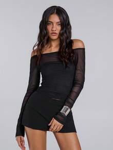 TypaGal Winter Fall Modern Wild Chic New Year Party Retro Elegant Sexy Street Minimalist Black Mesh Off Shoulder Ladies' Solid Color See-Through Long Sleeve Top - Black - View 2