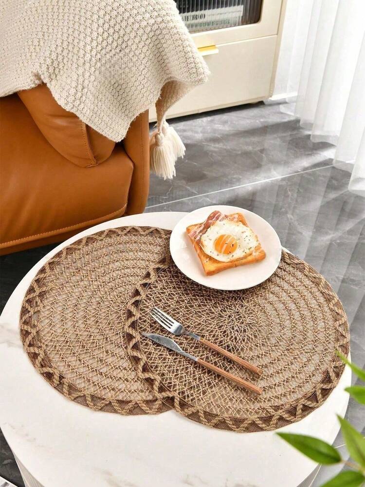 Linen Woven Placemats Kitchen Decorative Round Table Mats For Holiday Parties, Birthday Parties, Rustic Outdoor Table Decorative Mats Bohemian Style Placemats Suitable For All Seasons 1/4/6/12 Pieces (Outer Edge Pattern) - Maroon - View 2