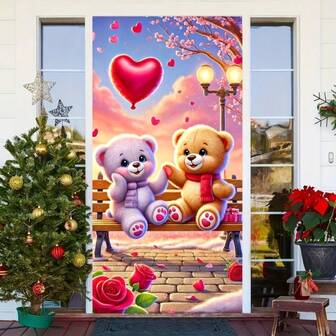 1pc 2D Flat Teddy Bear & Heart Balloon Rose Decorative Door Flag - Polyester Valentine's Day Decor, Suitable For Home Entrance And Garden, Applicable For Porch, Room Doorway