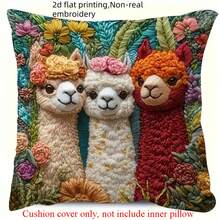 2D Flat Printing Spring 1pc Alpaca Pattern Pillow Cover, 45x45cm, Soft And Comfortable Polyester, Non-Real Embroidery, Zipper Closure, Hand Washable, Ideal For Farmhouse, Car, Office, Home Sofa Living Room And Bedroom Decor, No Insert Included - Red & Green - View 5