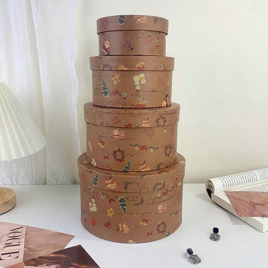 4pcs/Set Vintage Brown Round Christmas Element Storage Boxes, Christmas Tree & Gift Print, Multi-Layer Stackable, Gift Packaging Boxes
