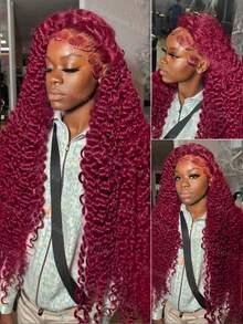 36 Inch Deep Wave Burgundy Wig Human Hair Real 250% Density 13x6 HD Deep Wave Lace Front Wigs Human Hair Glueless 99j Burgundy Curly Lace Front Wigs Human Hair For Women Pre Plucked 13x4 Red Wine Colored Human Hair Wigs With Baby Hair - S99J - 查看 9