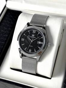 PABLO RAEZ 1pc Men's Watch Premium New Original Charming Luxury Stainless Steel Metal Mesh Bracelet Chain 50M Waterproof Simple Calendar Dial Men's Vintage Silver Watch Elegant Diamond Casual Fashion Quartz Watch Black Dial High-End Business Watch For Work/Party Decoration Men's Formal Watch Teacher Gift Time Father Or Male Friend Birthday Graduation Wedding Gift - one-size - View 3