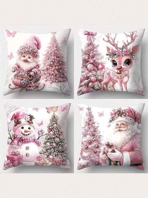 4pcs Festive Christmas Pillow Covers, 17.2inch X 17.2inch, Featuring Snowman, Deer, Santa, And Gnome, Zippered Polyester Cushion Cases For Living Room Sofa Decor, Modern Style, Machine Washable, No Insert Included, Christmas Pillow Covers