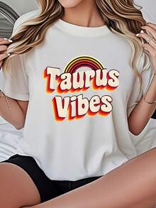 Taurus Vibes  T-Shirt With Retro Rainbow Zodiac Print For Casual Wear And Astrology Lovers-220g - trắng - Xem 1