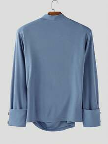 INCERUN Fashion Mens V-Neck Buttons Long Sleeve Pleated Party Casual Loose Blouse Office Work Solid Shirt Tops - 藍色 - 查看 6