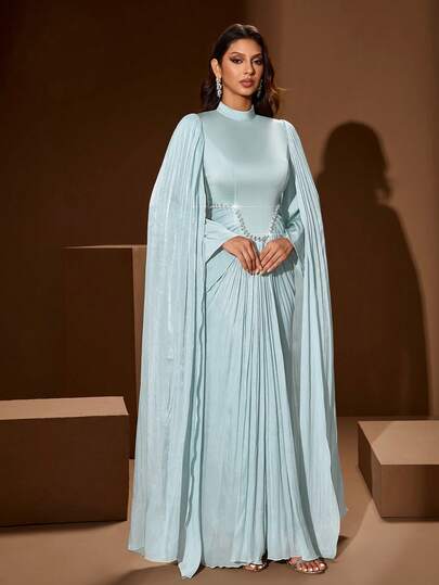 Women's Solid Color Stand Collar Elegant Long Dress, Waist Beaded & Ruched Design, Long Sleeve Flowy Hem, Soft Fabric Suitable For Parties, Banquets, Formal Occasions Wedding Spring Party