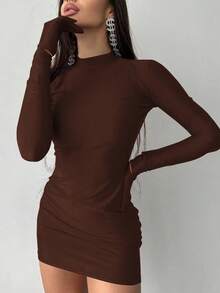 1件女式纯色长袖修身立领连衣裙 - 咖啡 - 查看 4
