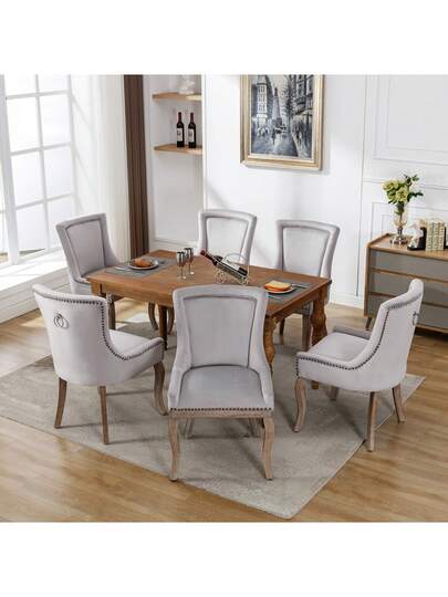 Luxurious Dining Stoel (Kitchen Chair, Living Room Pieces), Upholstered Nailhead Solid Wood Legs, Fluwelen Upholstery, Grijs view 4