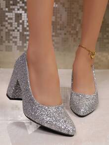 2025 Fashion Women's Pumps, Comfortable Chunky Heel, Classic Elegant Pointed Toe, Office Lady Dress Shoes, Non-Slip Low Vamp Versatile Thick High Heels, Slip-On Sexy Pumps - Silver - View 2