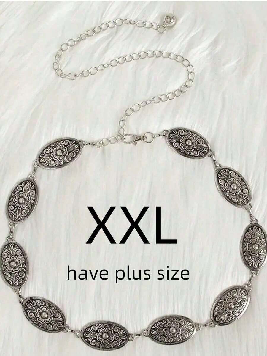 CPA-1pc Plus Size Women's Waist Belt, Western Style Boho Vintage Floral Buckle Textured Metal Waist Chain, Beach Vacation, Party, XXL Fall, Autumn, Halloween - 銀色 - 查看 1