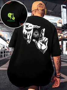 Camiseta holgada con estampado gráfico, ligera, de jersey de algodón con estampado de doble cara, agradable para la piel, corte regular, básica, estilo primavera oto?o - Negro - Ver 1